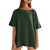 Tankaneo Women's Oversized T Shirts Casual Summer Crew Neck Loose Dropped Short Sleeve Side Slit Hem Blouse Tunic Tops