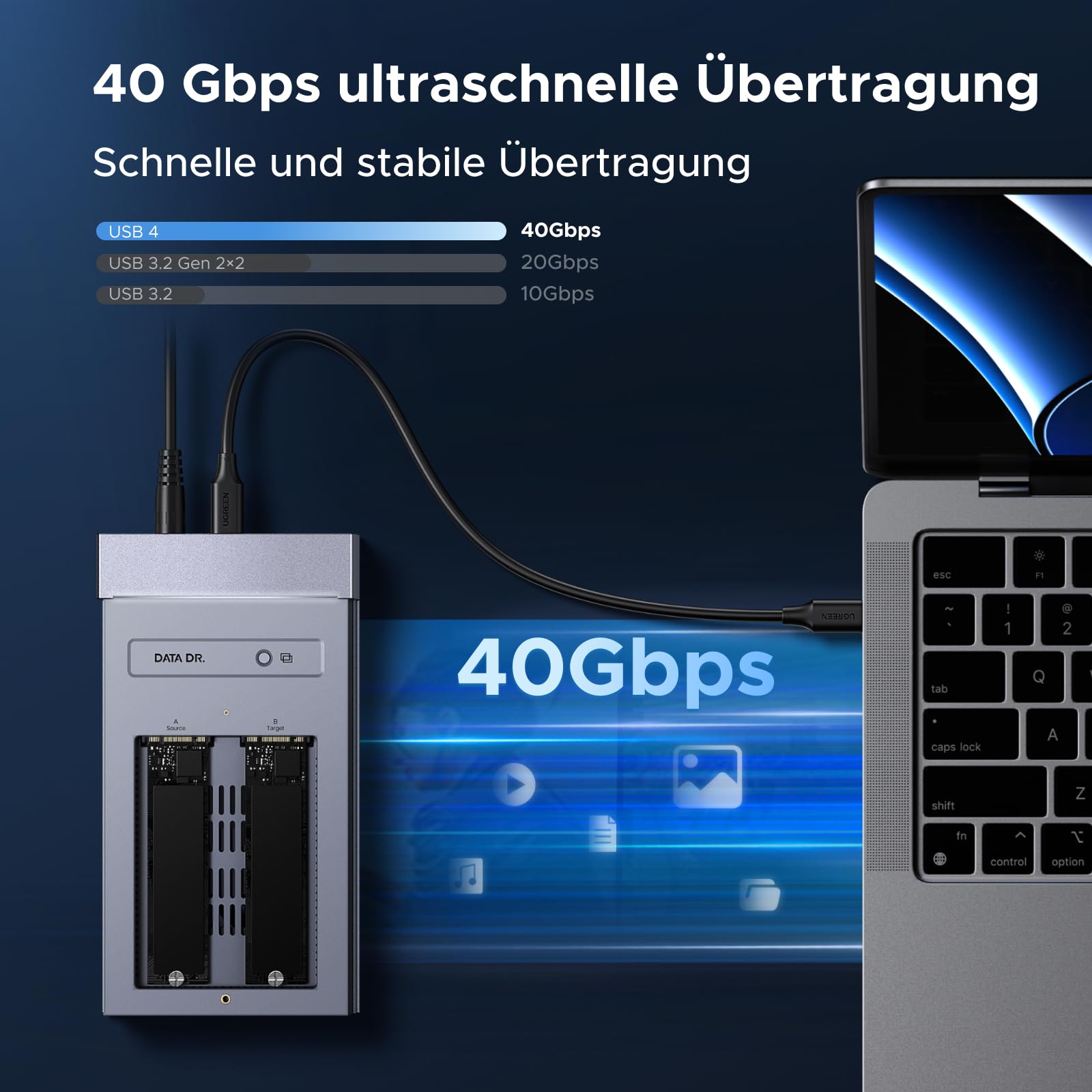 UGREEN 40Gbps Festplatten Dockingstation,USB4 Dual Bay NVMe Docking Station mit Kühllüfter, M.2 NVMe SSD Festplattengehäuse mit Offline-Klonen und Software-RAID-Konfigurationen unterstützt 2