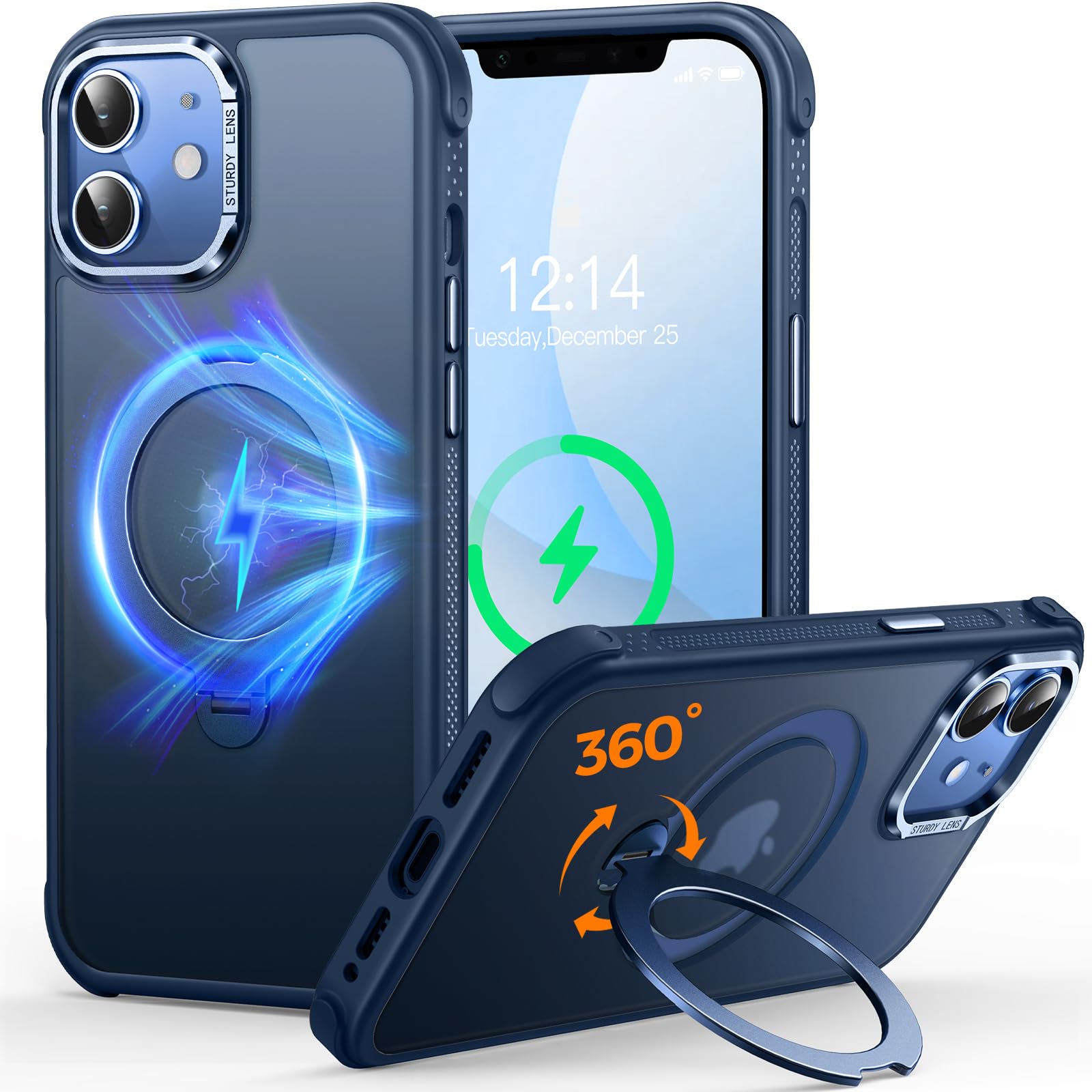 Cutelfon O3 Mag-Stand Designed for iPhone 12/12 Pro Case with 360°Spin Stand, [Compatible with MagSafe][Super Skin Feeling] Translucent Matte Magnetic Slim Phone Case 6.1 inch, Matte Blue