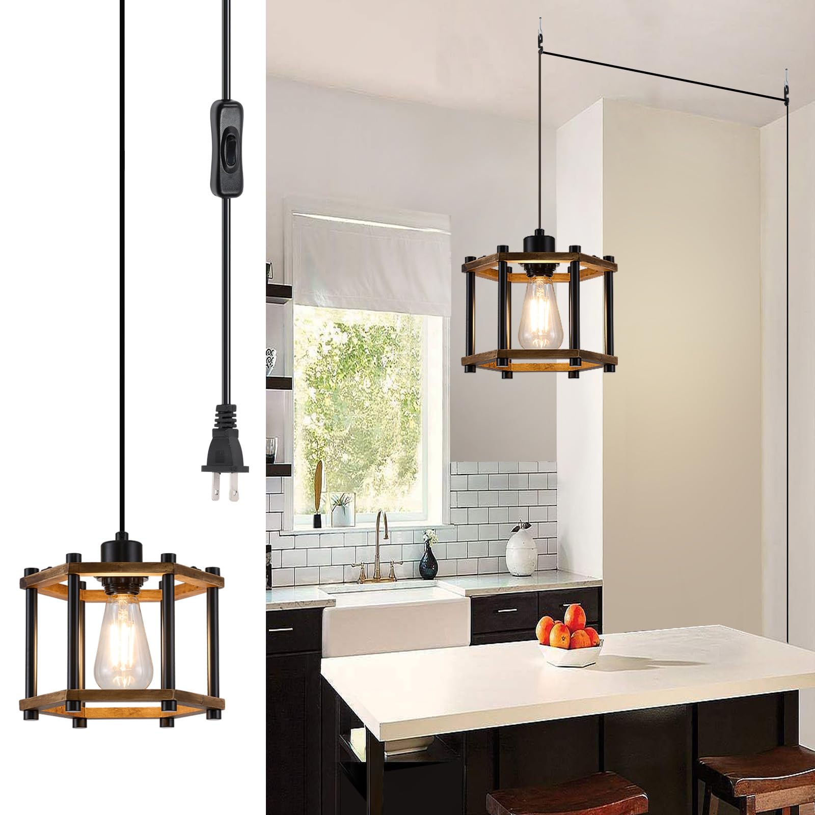 Photo 1 of Dijiahua Rustic Farmhouse Plug in Pendant Lights Kitchen Island 1 Pack,1-Light Small Cage Wood Chandelier Light Fixture for Dining Room,Hanging Light with Adjustable Cord On/Off Switch for Hallway