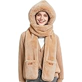 RainFlowwer Hooded Scarf for Women Winter, Ear Hat Scarf 3 in 1Faux Fur Gloves Set Soft Thick Warm Hat