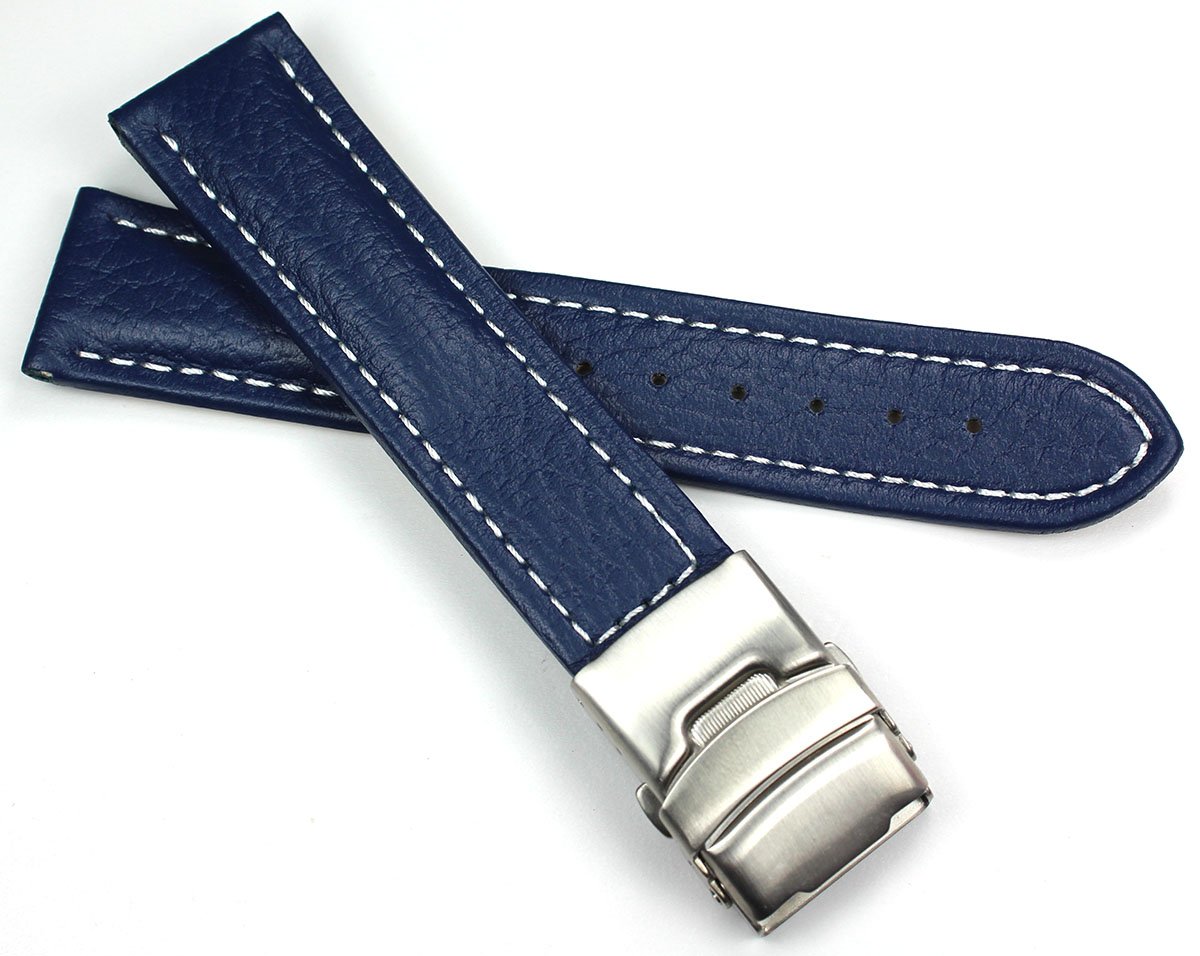 Leather watch strap with folding clasp made of stainless steel, 22 mm, medium blue with white stitching