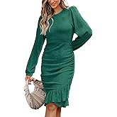 CUPSHE Women Fall Dresses Ruffle Hem Knit Ruched Crew Neck Long Sleeve Bodycon Cocktail Mini Dress