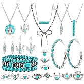 KOSMOS-LI 46PCS Silver Bohemian Jewelry Sets With 6pcs Turquoise Necklace,12 pairs Dangle Earrings, 7pcs Stackable Bangle Bracelets, 21pcs Knuckle Rings For Women Retro Western Boho Turquoise