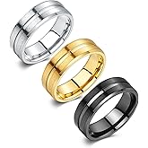 Corato 3PCS Stainless Steel Rings for Men, 8MM Titanium Rings for Men, Black Gold Silver Mens Wedding Band Set, Grooved Center Matte Brushed Finish Polished Ring Comfort Fit 7-12