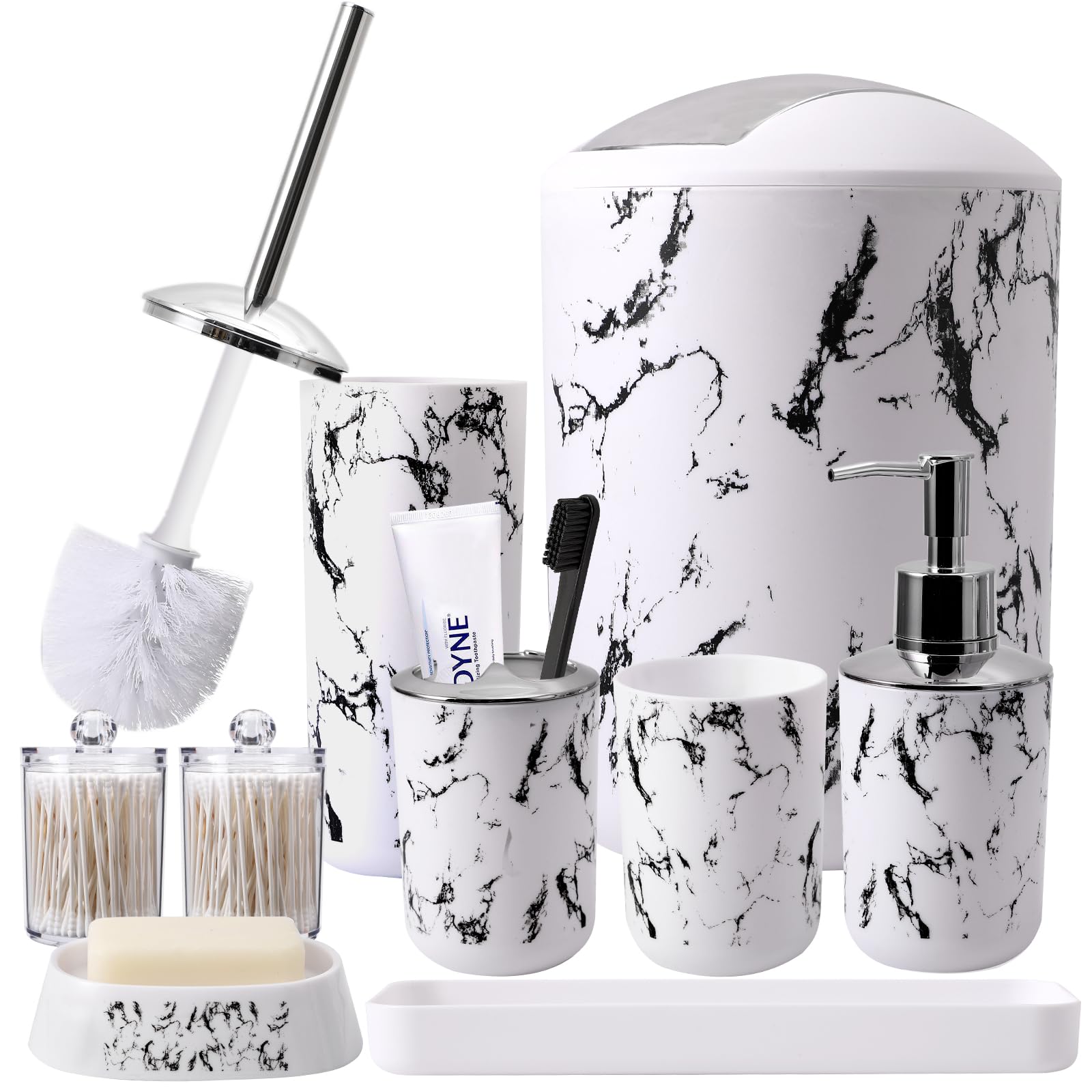 Cork & Mill Marble Bathroom Accessories Set, Complete 3 Piece Set With Soap Dispenser, Toothbrush Holder & Canister With Lid For Qtips, White Marble Bath Countertop Vanity Decor Organizer Retails For $47.99