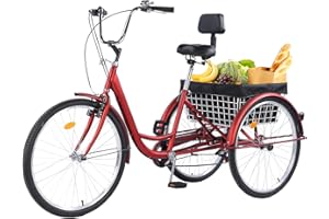 EVGTTI Adult Tricycles, 7 Speed Adult Trikes 24 inch 3 Wheel Bikes, Cruise Bike with Basket for Seniors, Women, Men for Recreation, Shopping, Exercise, Multiple Colors