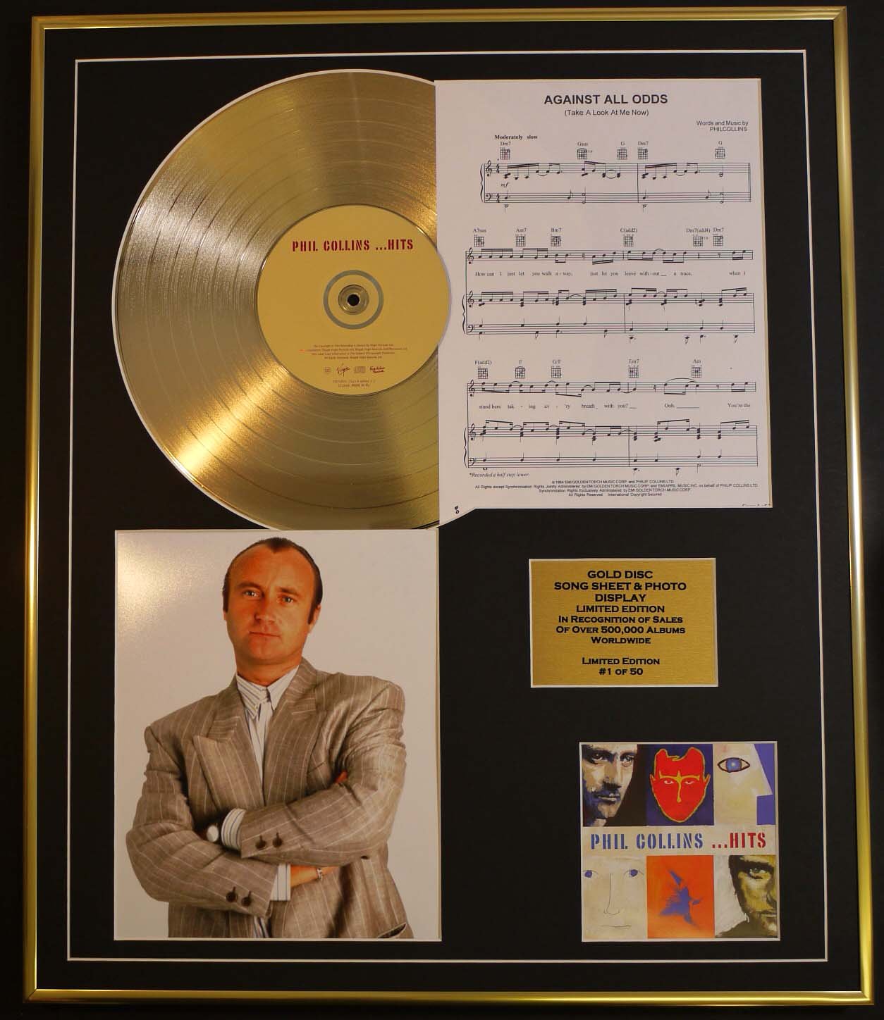 PHIL COLLINS/CD GOLD DISC, SONG SHEET & PHOTO DISPLAY/LTD. EDITION/COA/ALBUM. HITS/SONG SHEET, AGAINST ALL ODDS