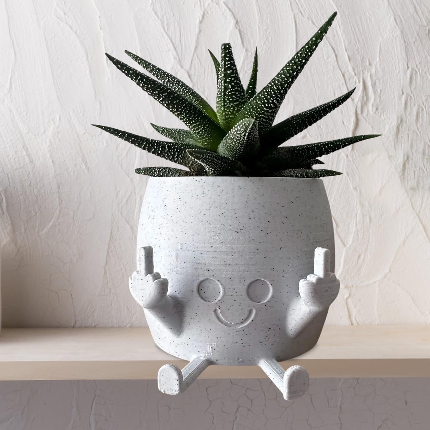LengSuaa Smiling Plant Pot with Middle Fingers up, Creative Shaped Figure Resin Mini Pot Table Decor, Funny Expression Indoor Outdoor Plant Pot for Live Plants Lover (White)