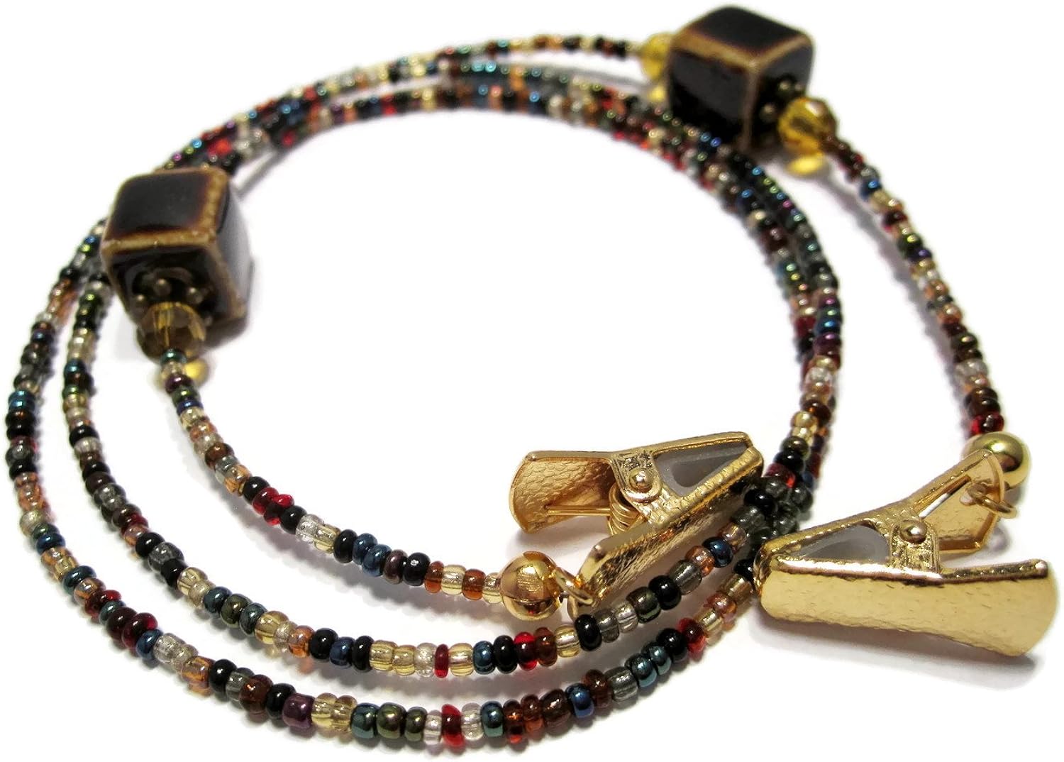 ATLanyards Brown Cube Beaded Eyeglass Holder with Gold Clips, Non Slip Glasses Chain