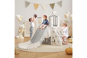 Glaf Toddler Slide 5 in 1 Kids Slide for Toddlers Age 1-3 Baby Outdoor Playset Indoor Playground Backyard with Climber Basketball Hoop Storage Space and Telescope (Gray)