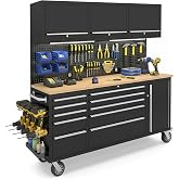 MUWOOD 72&rdquo; Rolling Tool Chest, Garage Cabinets Workbench with 10 Storage Drawers and Wheels, 3 Upper Cabinet, Pegboard, Light Strip, Steel Large Tool Box