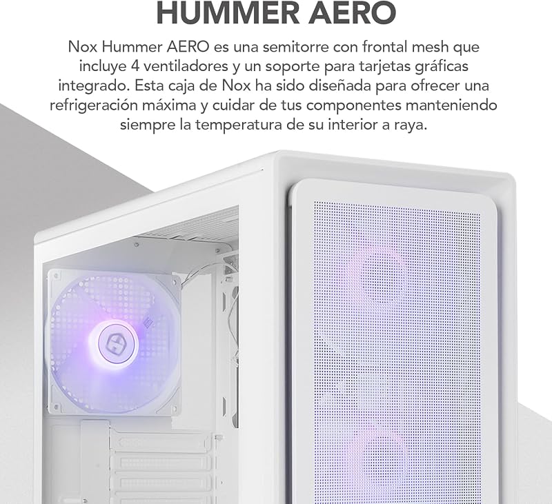 Hummer Aero – ATX Mid-Tower |M-ATX | O ITX inclui 4 ventoinhas ARGB PWM de 140mm, malha frontal, lado de vidro temperado, USB-C e USB 3.0, suporte a GPU de 420mm, filtro magnético, branco