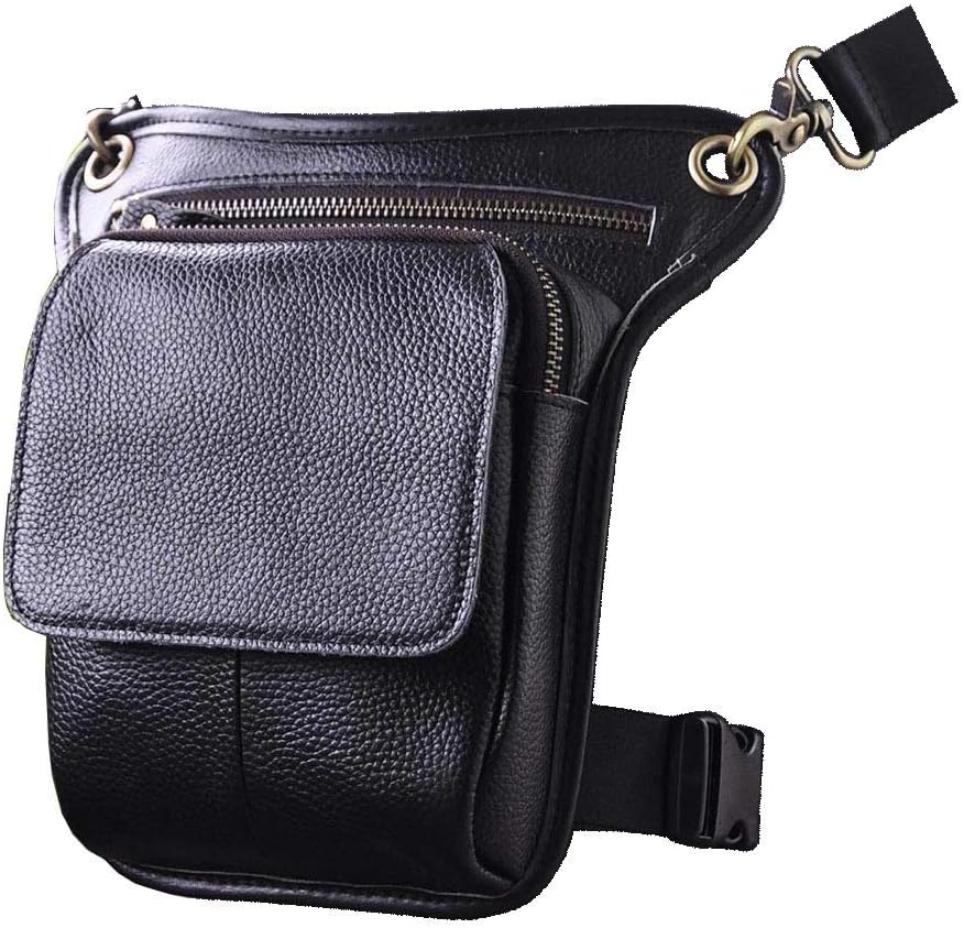 Le'aokuu Mens Genuine Leather Messenger Motorcycle Outdoor Hip Bum Fanny Belt Waist Pack Drop Leg Thigh Bag 211-1 (211-1 A3 Black)