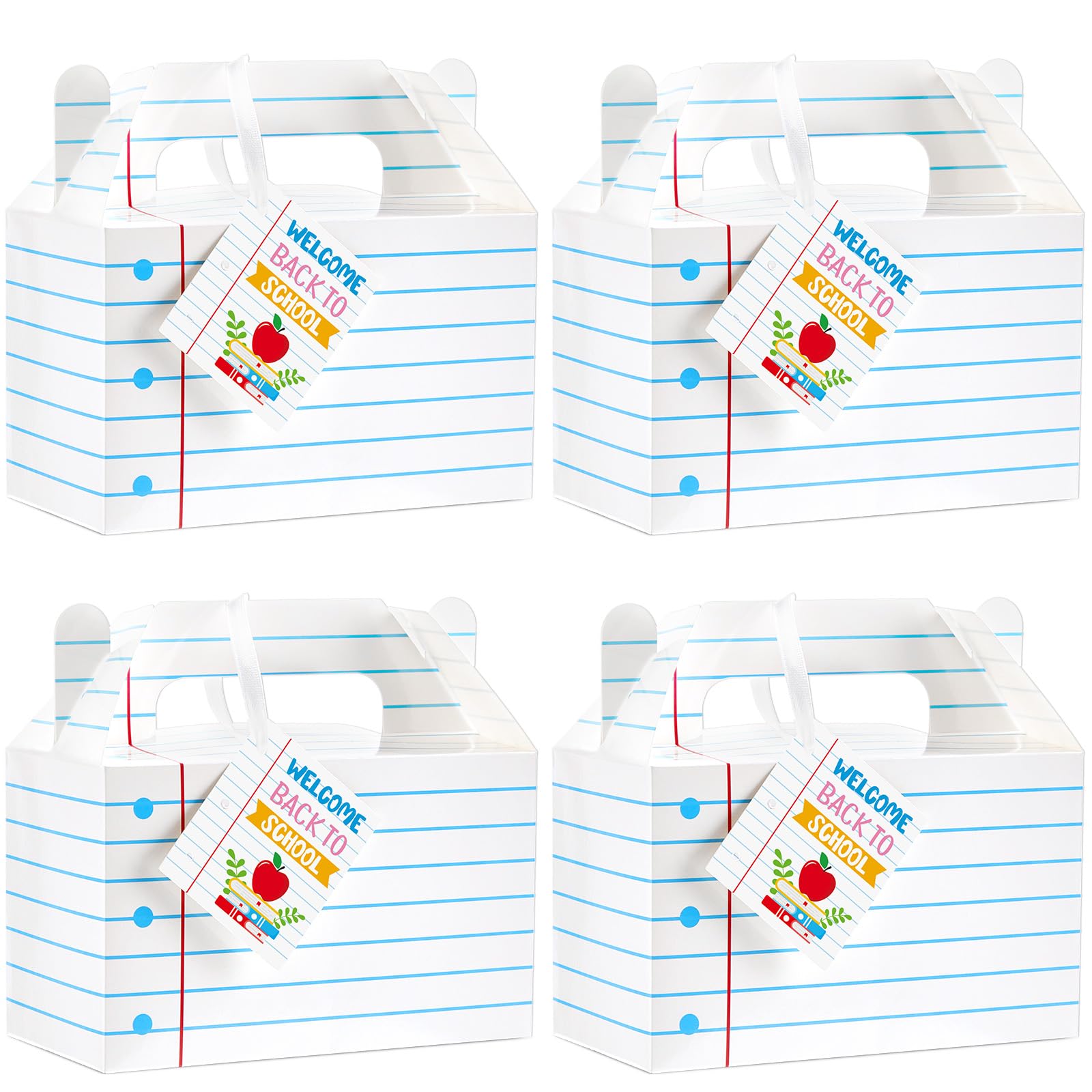 Photo 1 of 24 PCS Back to School Gift Boxes with Gift Tags Notebook Candy Box with Handle Cards for First Day of School Party Decorations Teacher Appreciation Treat Boxes for Welcome Classroom Party Supplies