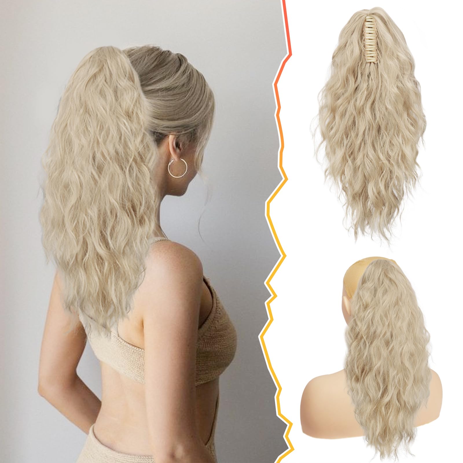 BARSDAR Claw Clip Ponytail Extension, 18Inch Long Curly Wavy Blonde Multi Layered Ponytail Hair Extensions Synthetic Fake Pony Tail Hairpieces for Women Girls Daily Party (Ash Blonde Mixed) โ image 1