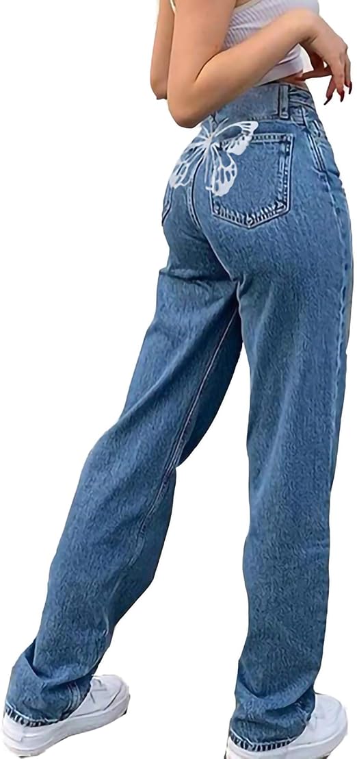 Damen Jeans mit geradem Bein Stretch Wide Leg Loose Denim Bootcut Jeans