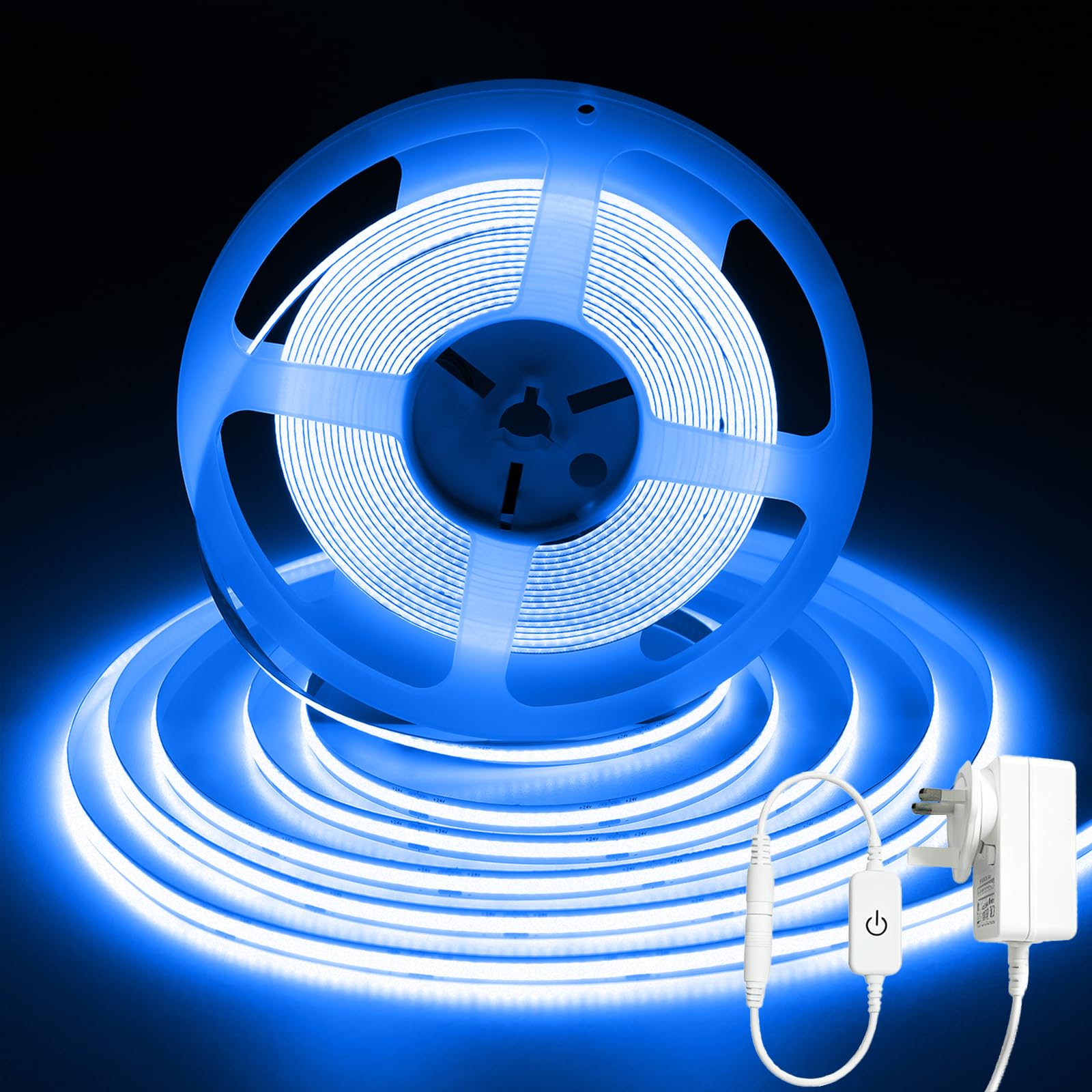 iNextStation 10M Blue COB Strip Lights, 24V LED Tape Lights with Plug, CRI93+ High Bright Cuttable Dimmable Light Kit for Boys Gaming Room Monitor Bedroom TV Backlight Bar Cabinet Wall Ceiling Decor