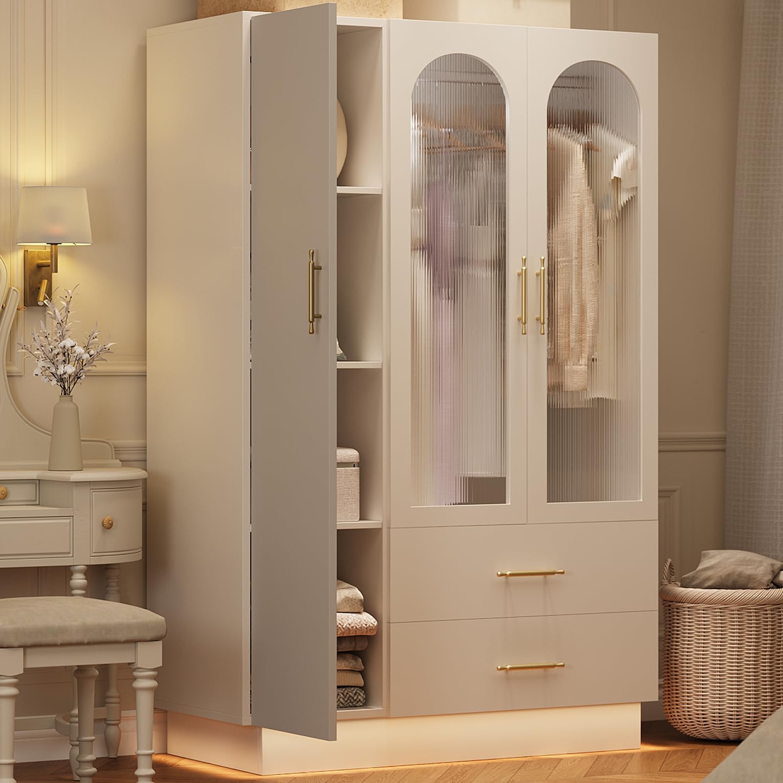 Photo 1 of GarveeHome Bedroom Armoire Wardrobe Closet with 3 Doors & 2 Drawers, 71" Tall Wooden Large Armoire Storage Cabinet with Modern Fluted Glass & Shelves, w/Hanging Rod, Sturdy Frame, for Bedroom, White