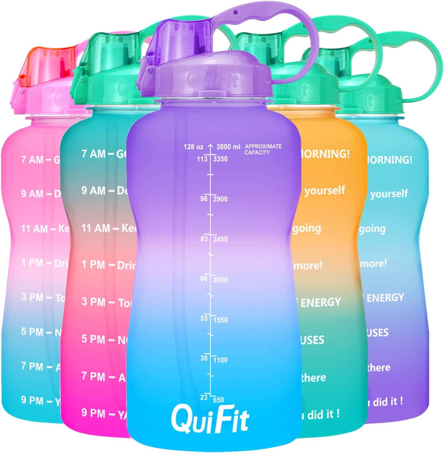 QuiFit Motivational Gallon Water Bottle - with Straw & Time Marker,BPA Free Reusable Large Leakproof Portable Water Jug,for Fitness Camping Outdoor Sports