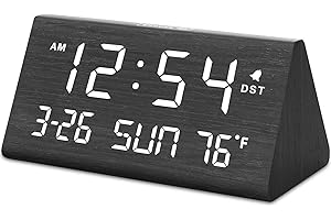 DreamSky Digital Alarm Clocks for Bedrooms - Wooden Desk Clock with Date, Day of Week, USB Port, Temperature, Dimmer for Bedside Table, Living Room, Office, Adjustable Volume, Auto DST, Wood Decor