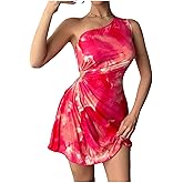 OYOANGLE Women's Tie Dye One Shoulder Mini Dress Pleated Cut Out Summer Short Dresses