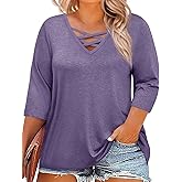 Beautife Womens Plus Size 3/4 Sleeve Tops Summer Casual Criss Cross V Neck T-Shirts Loose Fit Tees Tunic Shirts