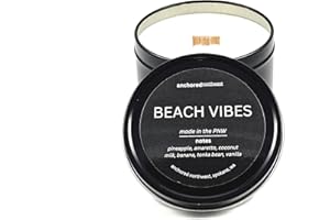 Anchored Northwest - Beach Vibes Travel Tin Candle, 6oz BlackMetal Tin, American Cedar Wood Wick, Hand Poured, Essential Oil Blend 100% Soy Wax, 35+ Hour Burn