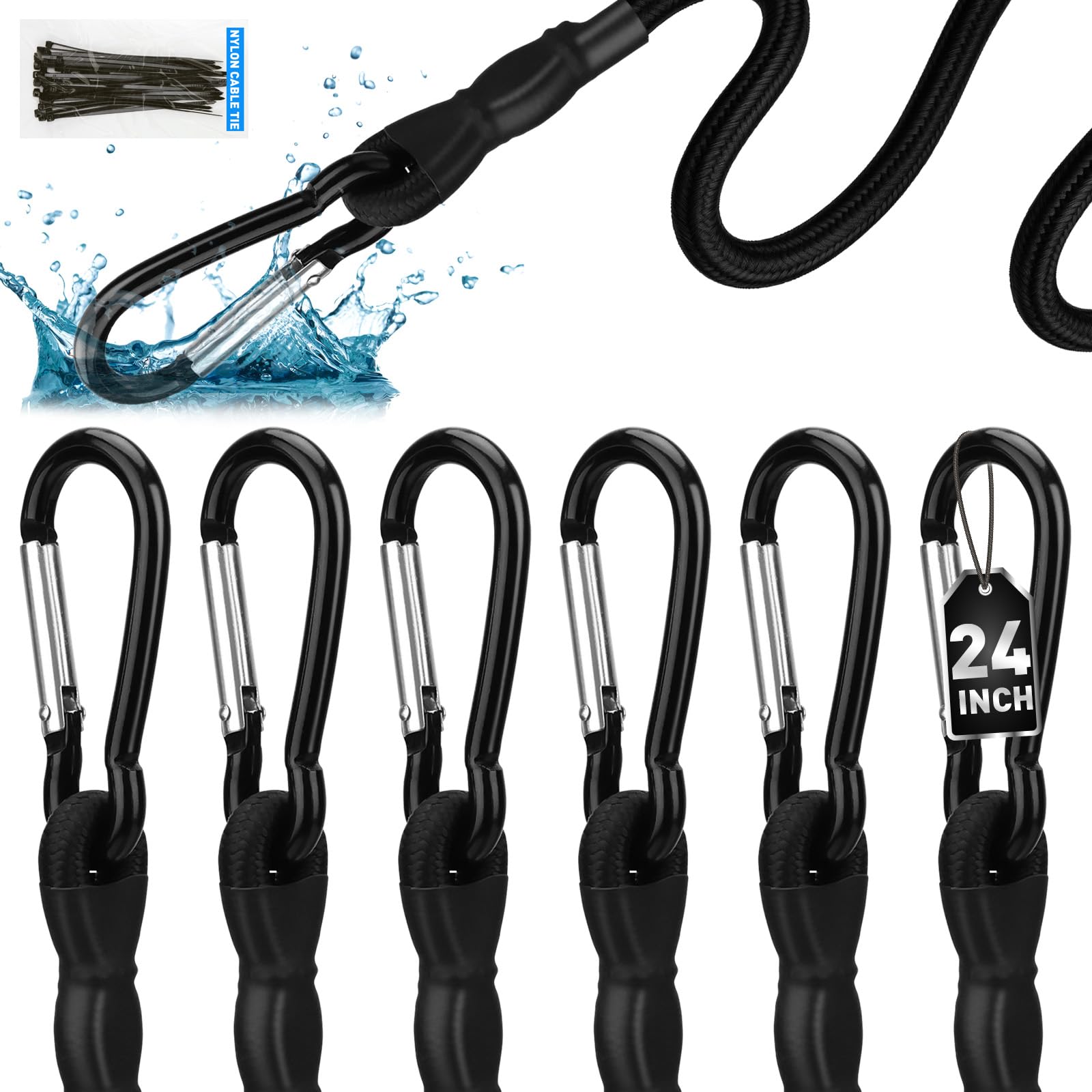 6 Piece Carabiner Bungee Cords with Hooks, 24 Inch