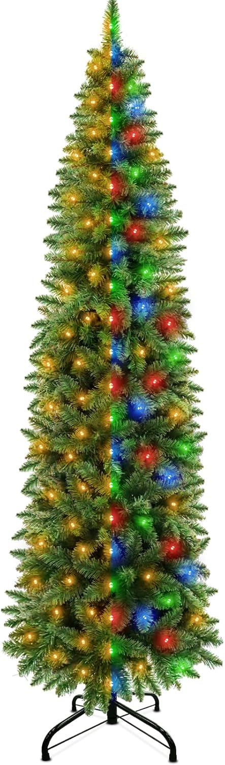 Trees - 6 Ft Prelit Artificial Slim Christmas Tree, 240 Warm White & Multi Color Change Lights, 658 Thick Branch Tips, Fire-Resistant, Timer, 8 Modes, UL Plug, Metal Stand, Hinged Pencil Xmas Tree Decor