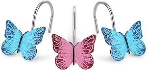 AGPTEK 12PCS Home Fashions Butterfly Anti Rust Decorative Resin Hooks for Bathroom Shower Curtain,Bedroom,Living Room Curtain-Pink and Blue