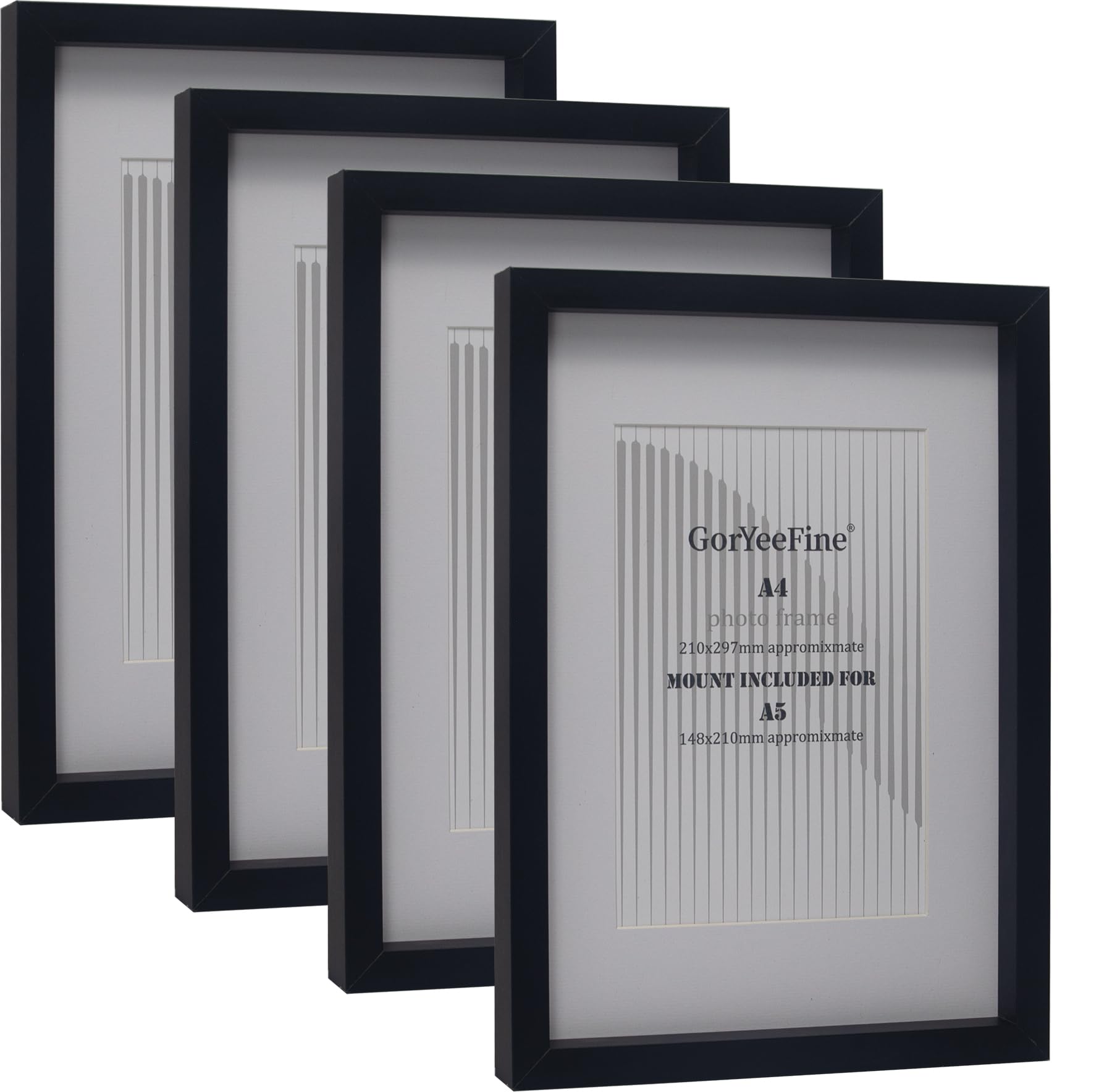 Oxford Modern Black A4 Wooden Photo Frame Set of 4 with Mount for A5, Boxed Gallery Picture Frames A4 4Pack With Glass Window for Tabletop or Wallmounted