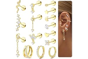 15 Pcs Helix Piercing Jewellery Surgical Steel Flat Back Earrings for Women Forward Helix Stud Hoop Earrings Cartilage Earrin