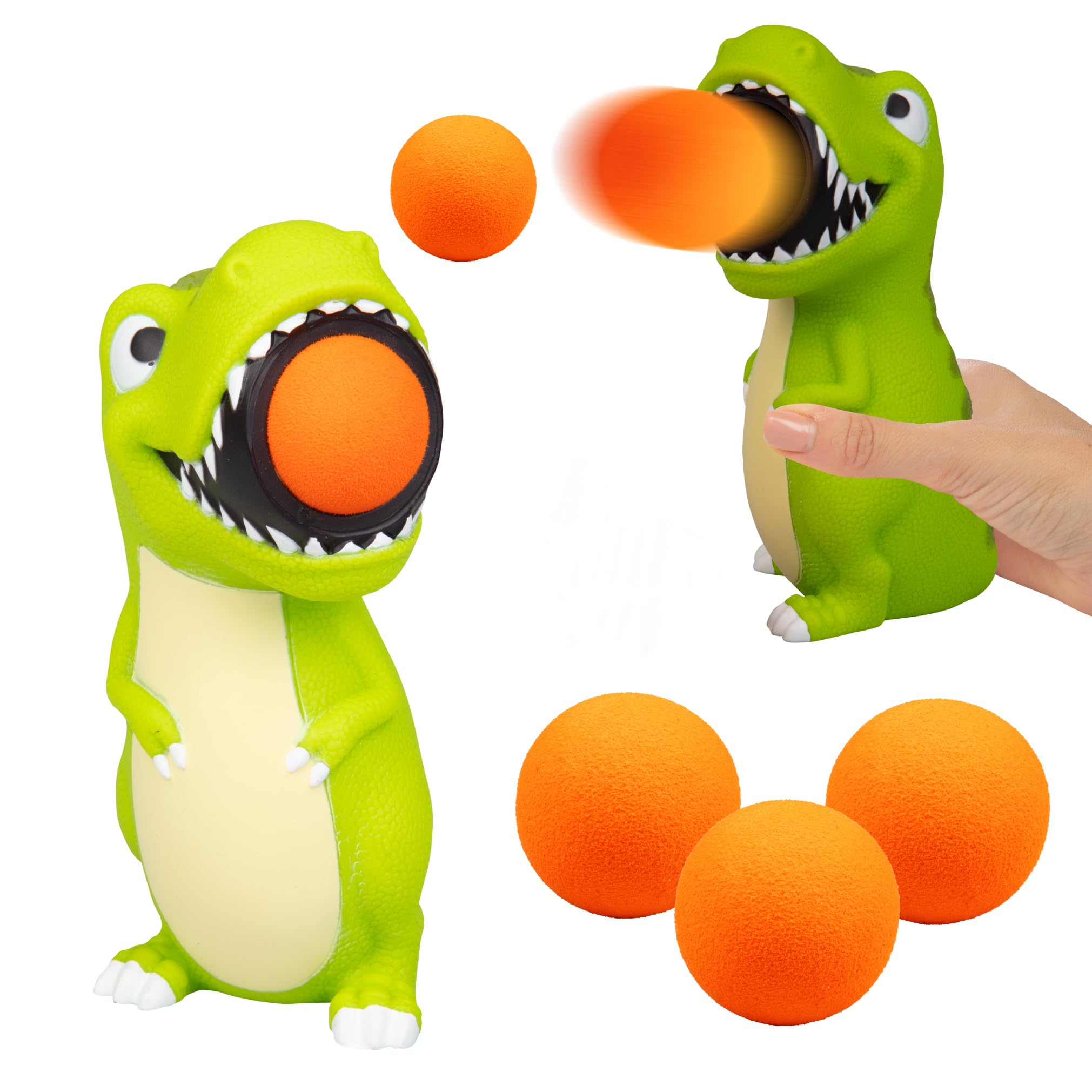 Hog Wild T-Rex Ball Popper Toy - Includes 4 Soft Foam Balls - Squeeze to Pop Air Powered Balls Up to 20 Feet - Launcher Safe for Indoor/Outdoor Play - Party Favor Gift for Kids, Girls, Boys Ages 5+