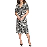 Tommy Hilfiger Womens Puff Sleeve V-Neck A-line Midi Dress