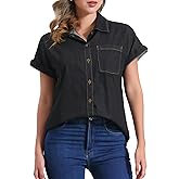Allegra K Women's Denim Shirt Short Sleeve Button Down Classic Jean Shirt Summer Tops