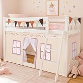 Breling 3Pcs Bunk Bed Curtain for Bottom Loft Bed Tent, Cream, Classic | Low Bunk Bed Curtain Set with Felt Flag, Double-layer Twin Loft Curtain, Playhouse Accessories for Boy Girl Dorm Bedroom