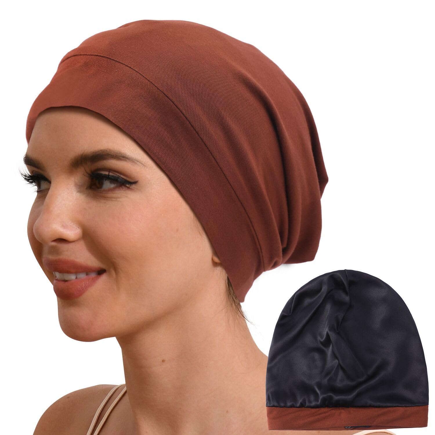 Hat Hut 100% Mulberry Silk Lined Sleep Cap Pure Silk Bonnet for Curly Hair Wrap Bonnet for Sleeping Silk Lined Slouchy Beanie (Titian RED)