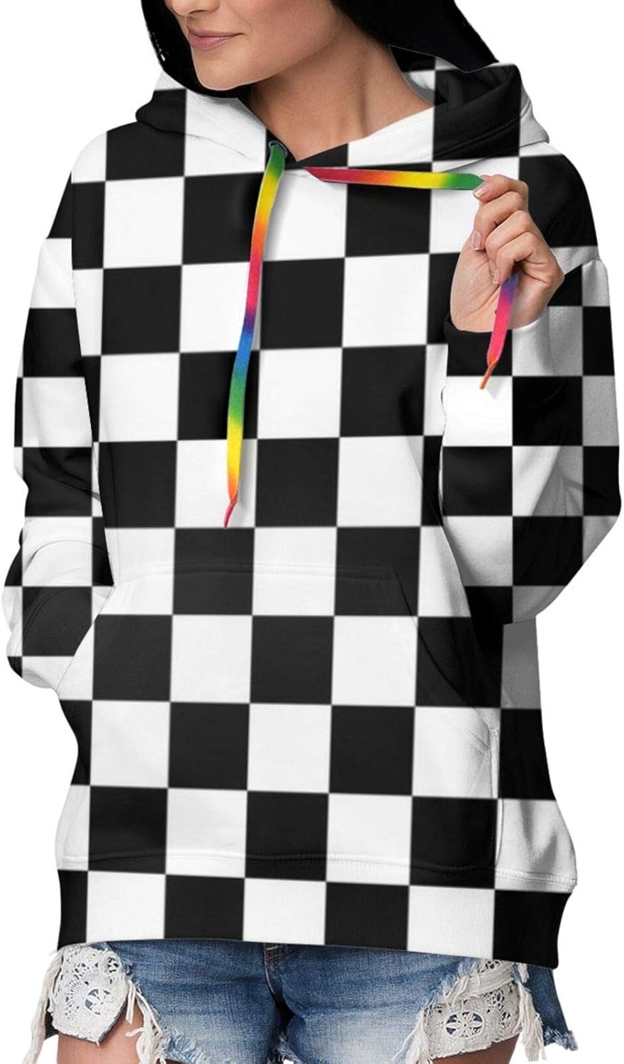 checkerboard print hooded sweatshirt