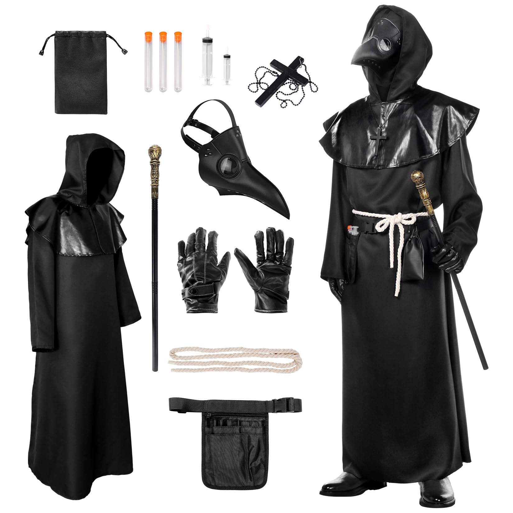 Alaiyaky Plague Doctor Costume - Steampunk Fancy Dress with Plague Doctor Mask, Scepter, Cross Necklace, Belt Pouch - Halloween Costume for Adults (Black, XL)