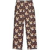 Cartoon Corgi Dog Face Long Pajama Pants Bottoms Soft Sleepwear with Pockets