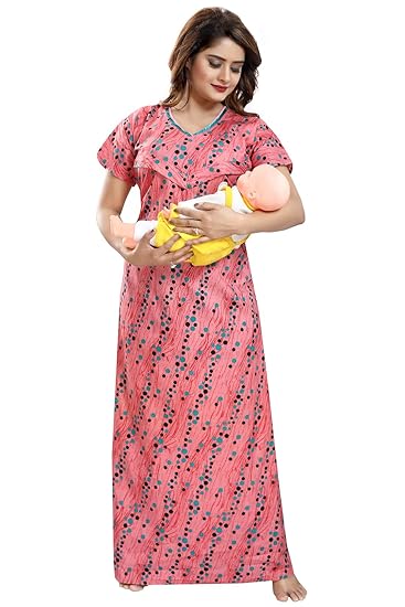 Women's Cotton Fabric Beautiful Print V-Pattern Feeding/Maternity/Nursing Nighty