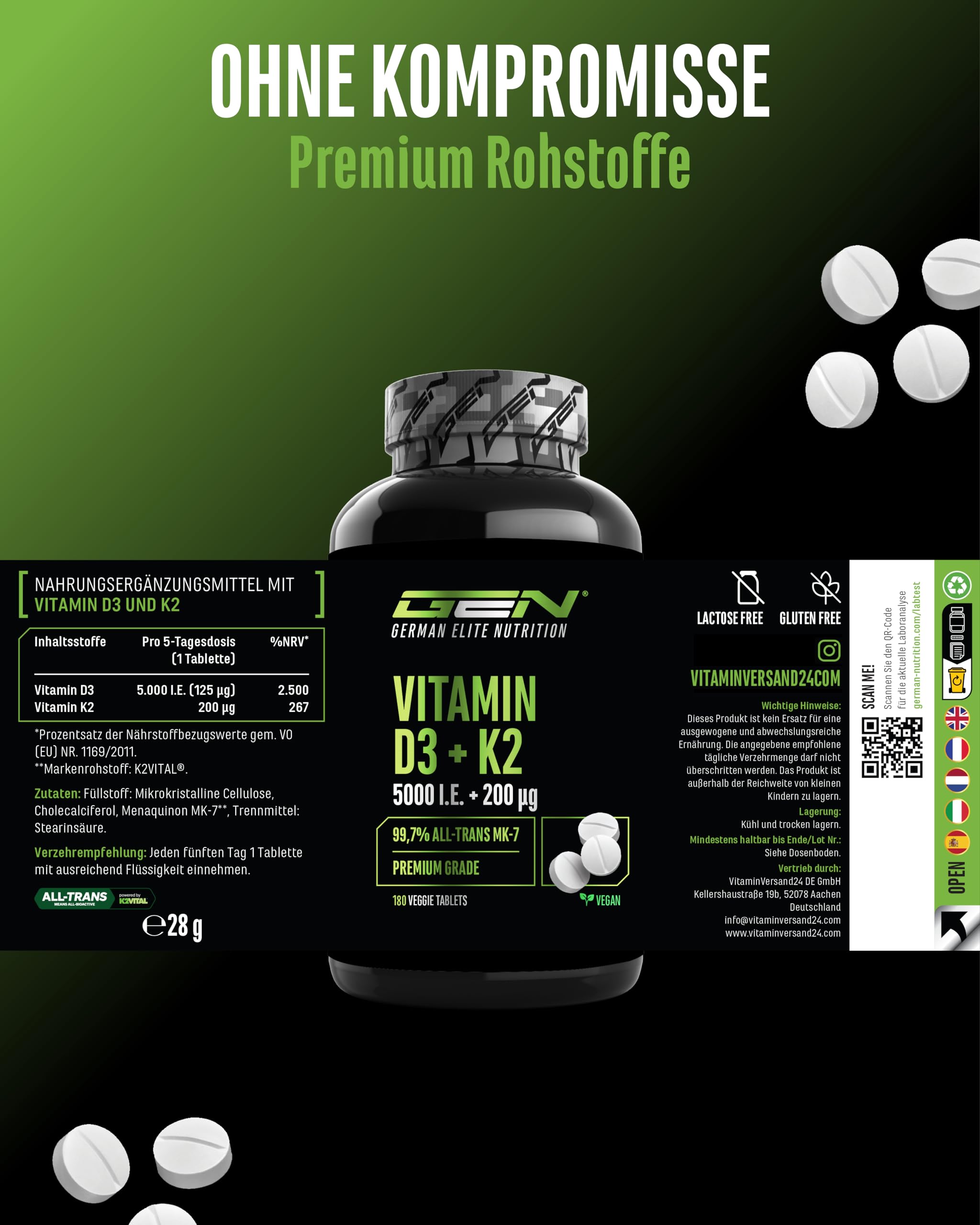 Vitamin D3 + K2 Depot - 180 Tabletten mit 5000 IE D3 + 200 mcg K2 (MK7) - Premium-Qualität: K2VITAL® von Kappa - 99,7% All-Trans K2-MK7 - vegan, hochdosiert, ohne unnötige Zusätze 5