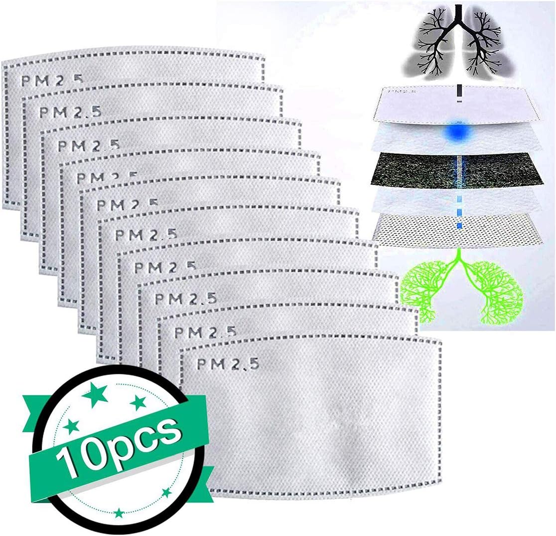 PM2.5 Replaceable Filters, 5 Activated Carbon Filter Layers Breathing Insert Paper for Face Cover, Anti Haze Anti Fogging Health Protection Filter Slot for Mouth Shild Insided (10 Pcs)