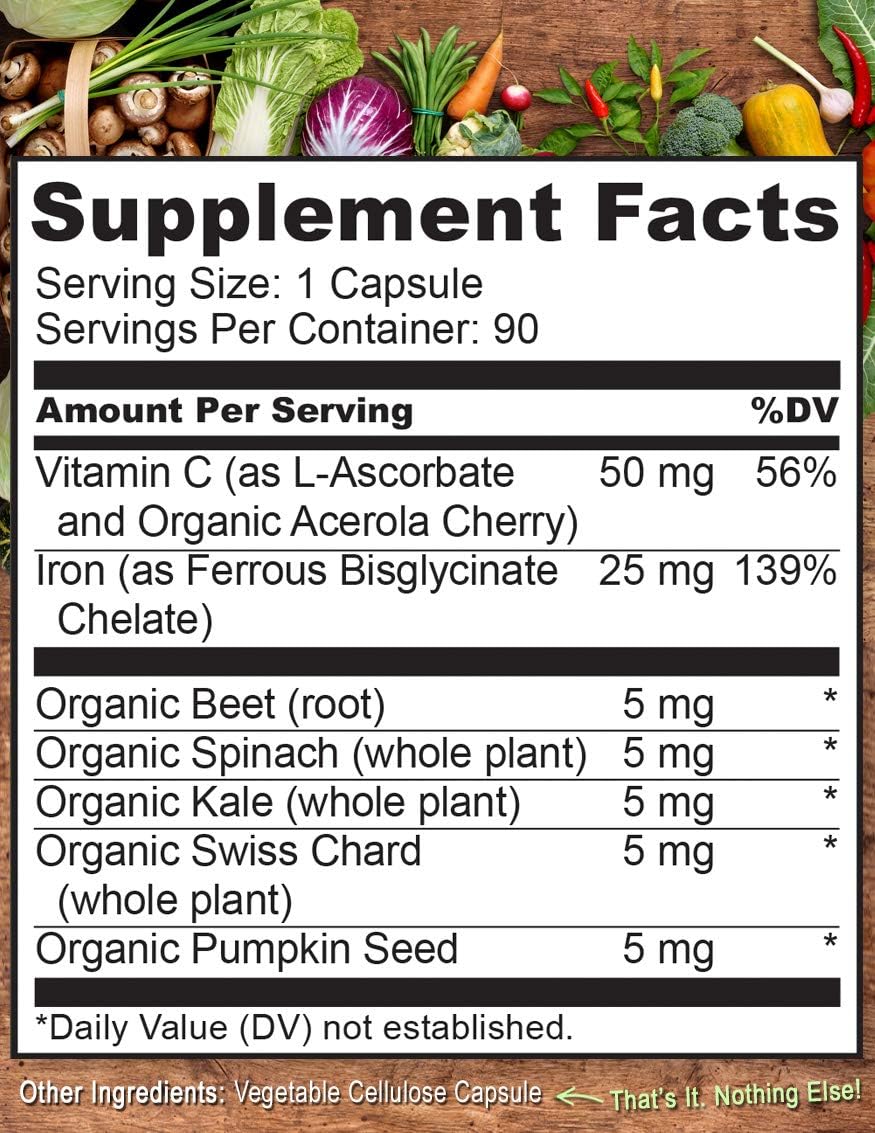NATURELO Vegan Iron Supplement with Whole Food Vitamin C - Best Natural Iron Pills for Women & Men w/Iron Deficiency Including Pregnancy, Anemia and Vegan Diets - 90 Mini Capsules: Health & Personal Care