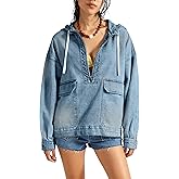 Omoone Women's Denim Pullover Jacket Oversized Half Zip Hoodie Jean Top Sweatshirt with Pockets (LightBlue-XXL)