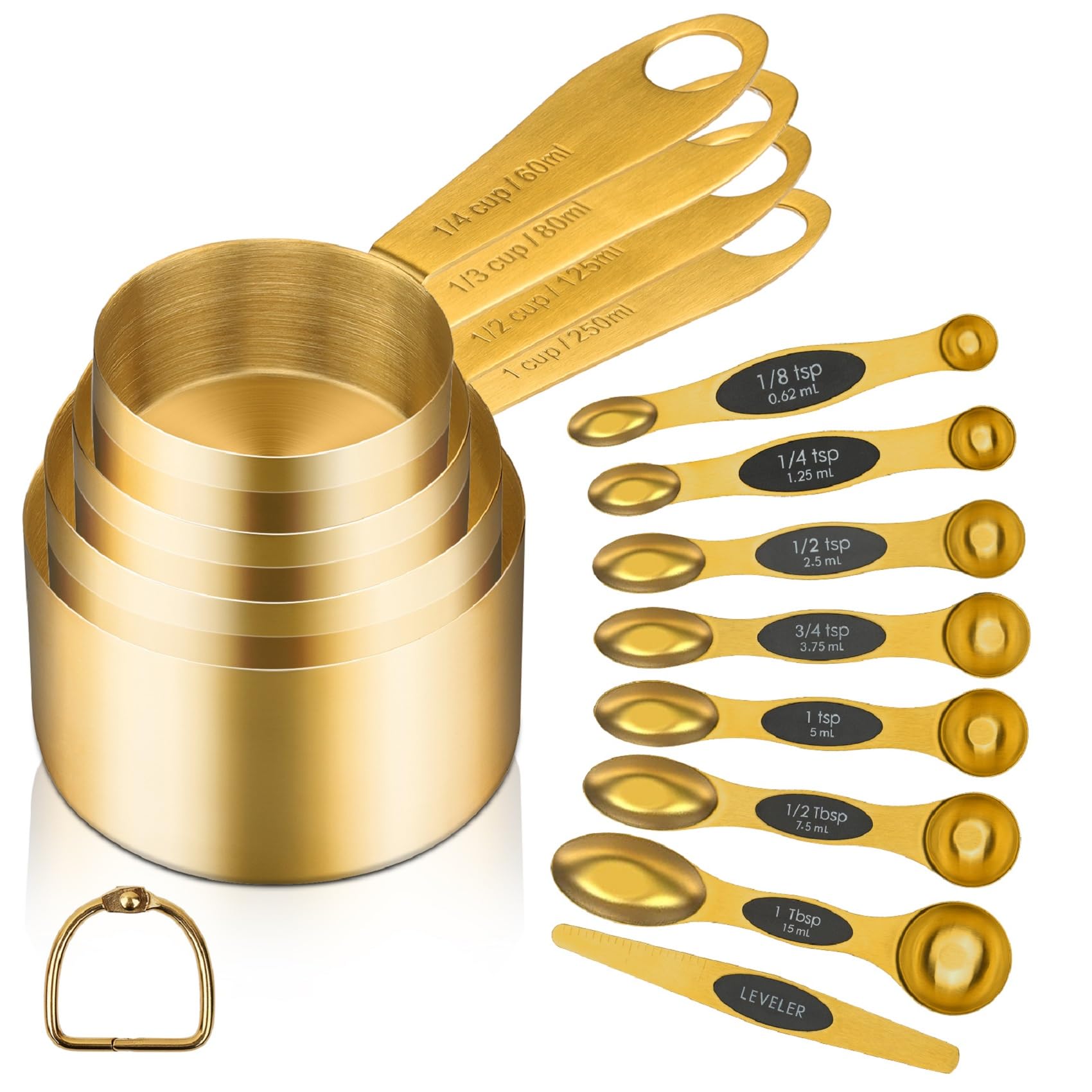 Cuteefun Gold Magnetic Measuring Spoons and Cups Set of 12, 8 Dual Sided Magnetic Measuring Spoons set with Leveler, 4 Premium Stainless Steel Measuring Cups, Measuring for Dry and Liquid Ingredients
