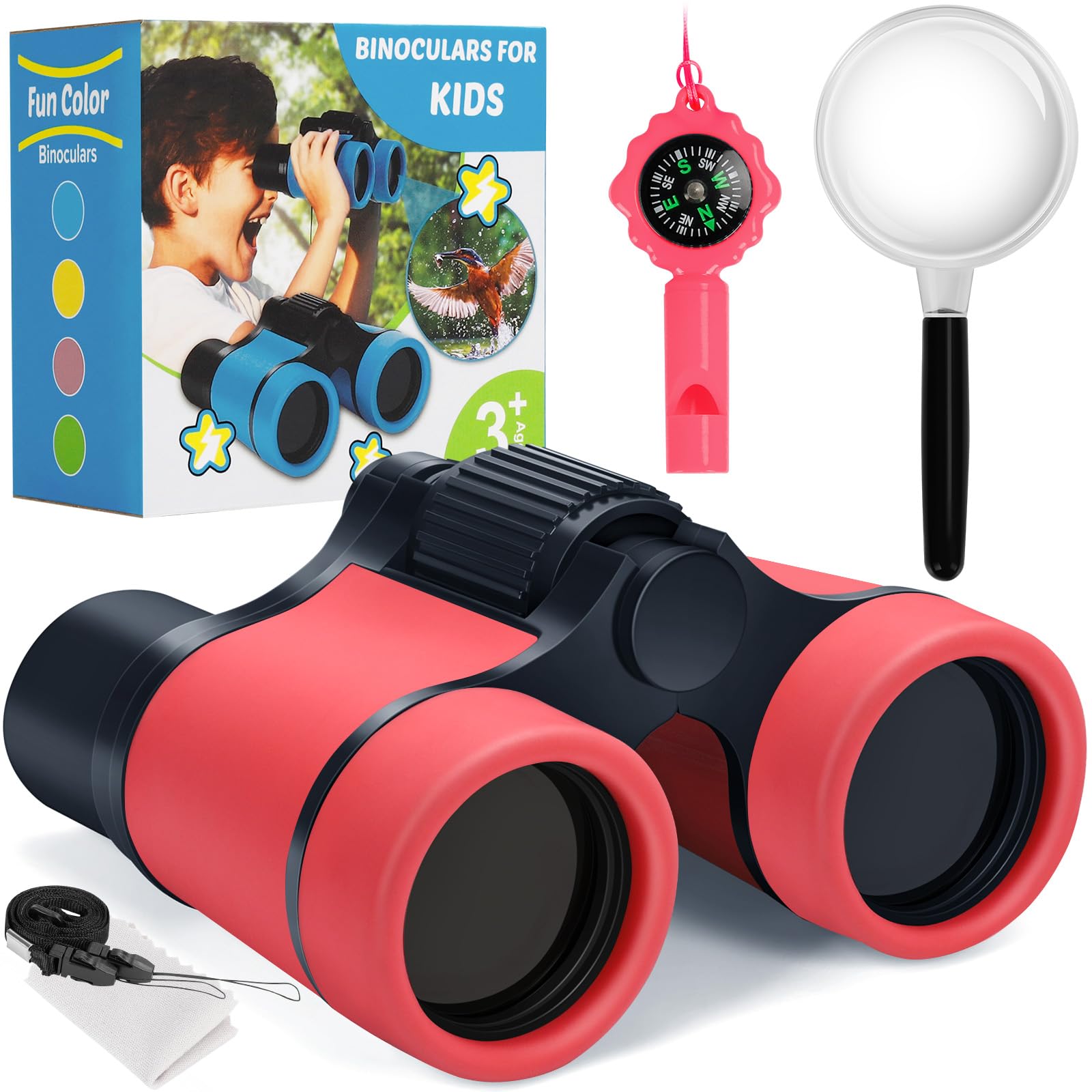 Binoculars for Kids, Kids Binoculars toys for 3 4 5 6 7 8 Years Boys and Girls, Set with Magnifying Glass & Compass - Birthday Gifts Outdoor Toy for Kid Ages 3-8 Toddler Camping (Rose Red) — image 1