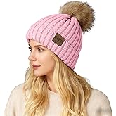 ZOORON Womens Winter Knitted Beanie Hat with Faux Fur Pom Beanie Warm Knit Skull Cap Beanie for Women