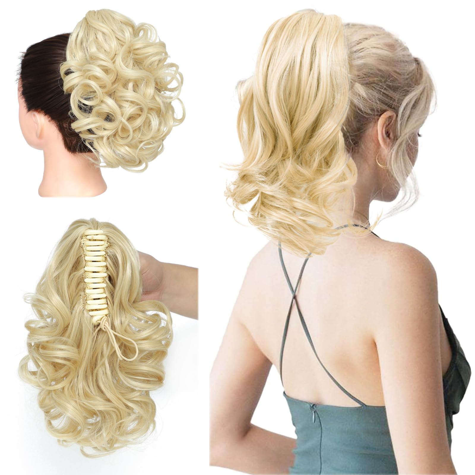 25cm Wavy Claw Clip on Ponytail Hair Extensions, Curly Ponytail Extension Jaw Clip pony tail hair pieces for women Girls Fake Pony Tail Hairpieces